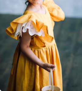 Vestido <span class=keywords><strong>de</strong></span> Lino Color Mostaza para Niña con Manga con Volantes, Vestido Tipo Pinafore <span class=keywords><strong>de</strong></span> Lino para Niñas, Vestidos <span class=keywords><strong>de</strong></span> Lino y Algodón para Niñas Pequeñas - Product Image 2