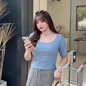 Camiseta Corta de Punto para Mujer Lucky Star, Color Azul Hielo, Cuello Redondo, Color Sólido, Suave, Tallas S M L XL - Product Image 3