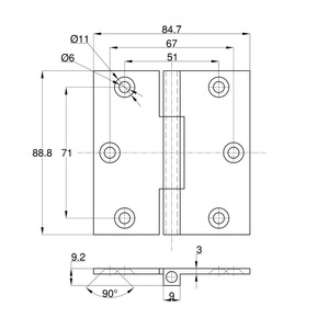 Bisagra de Cobre para Muebles 88.8x84.7mm, 3mm de Grosor, 4 Agujeros, Superficie Completa, Uso Industrial para Puertas, Tratamiento Antioxidante - Product Image 1