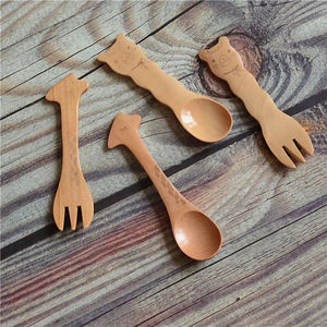 Cuillère à mesurer en bois pour enfants, motif animal mignon de dessin animé, fourchette et couteau durables et sains, petite taille - Product Image 3