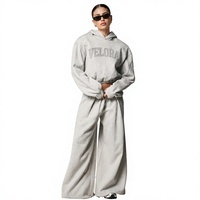 Ensemble de survêtement deux pièces pour femme avec logo personnalisé OEM, sweat à capuche et pantalon de jogging, en coton épais respirant, rose, pour l'hiver
