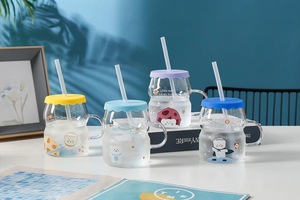 Copos de vidro de palha de silicone, bonito, desenho animado, para animais de estimação, com cobertura de silicone, copo de vidro de água no gelo, alta qualidade, venda imperdível - Product Image 6