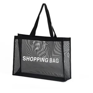 Sac de plage en maille transparente noire personnalisé avec logo, sac de shopping, sac de rangement - Product Image 1