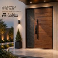 Porte d'entrée en bois grainé avec panneau latéral aspect marbre, serrure à clavier, porte extérieure moderne pour villa, appartement ou maison