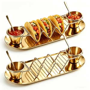 Juego de 6 piezas de acero inoxidable dorado para servir tacos, soporte duradero para tacos con tazas para salsas, cucharas para condimentos y bandeja de servicio para restaurante - Product Image 1