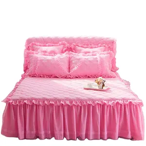 Rok tempat tidur katun Pink gaya Amerika romantis dua lapis indah alami organik