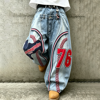 Pantalon en jean pour homme, coupe ample confortable, style streetwear personnalisé OEM, patchwork, broderie graphique, poche surdimensionnée, jambe large