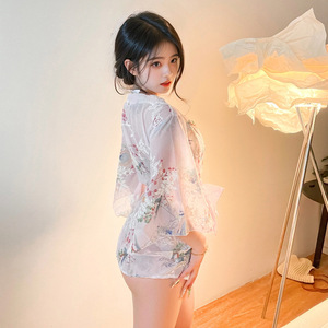Sexy Kimono Pajama Set Chiffon 2 Pieces Women's Sleepwear Soft Short Sleeve Lingerie Role Play Costume 8053 - Product Image 3