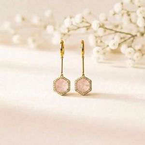 Natural Rose Quartz Cubic Zirconia Hexagon Drop <b>Earrings</b> in 925 Sterling <b>Silver</b> or 18K Gold Filled Elegant Gemstone <b>Dangle</b> Jewel - Product Image 1