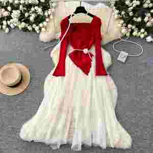 Vestido Midi Casual Asimétrico con Cuello Camisero Estilo Hada de Invierno para Mujer, Manga Larga, Corte Imperio, con Malla y Parches 3D, Rojo y Negro - Product Image 1