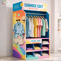 Présentoir de sol en carton personnalisé en gros, présentoir de vente au détail en carton ondulé pour t-shirts et casquettes avec crochets et étagères