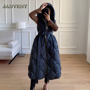 JANVENY <span class=keywords><strong>2022</strong></span> nouveau luxe <span class=keywords><strong>hiver</strong></span> vers le bas sans manches gilet femmes fermeture éclair ceinture à capuche diamant treillis épaissir chaud bouffant gilet - Product Image 1
