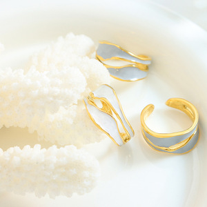 18K PVD Gold Plated Stainless Steel Blue White Enamel <b>Open</b> <b>Ring</b> | Unique Irregular Oil Drop Design | Trendy Jewelry for Women - Product Image 3
