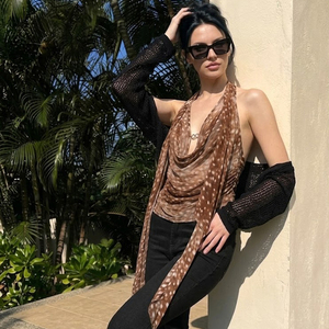 Blusa Halter Marrón con Puntos para Mujer, de Malla Transparente Plisada, con Cuello en V y Espalda Descubierta, Top Sexy para Fiesta de Verano, Novedad 2026 - Product Image 6