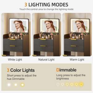 PHOENIX HOME Ensemble de vanité de maquillage compact 3-en-1 <span class=keywords><strong>Petite</strong></span> table de chevet noire cannelée 3 <span class=keywords><strong>tiroirs</strong></span> Coiffeuse cachée pour chambre à coucher - Product Image 4