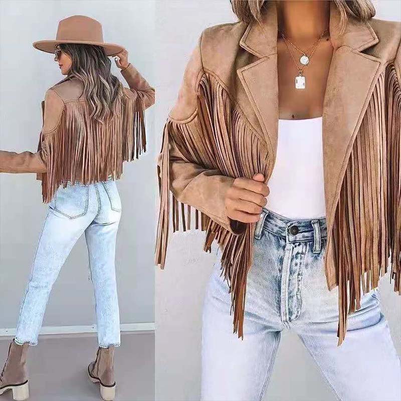 Brown Faux Suede Leather Fringe Jacket Tassel Coat