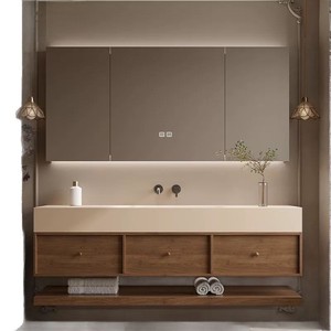 Modern wood color bathroom vanity with LED mirror white washbasin storage mirror cabinet hanging cabinet - Product Image 1