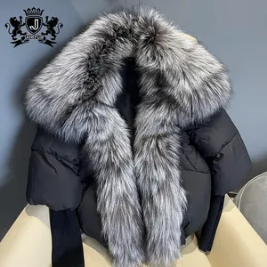 Janefur Schöne flauschige Waschbär Pelz Fox Pelz kragen Frauen Daunen mantel Fox Pelz kragen Puffer Jacke