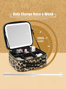 Leopard Print <b>Makeup</b> <b>Case</b> With Lighted Mirror PU Material Zipper Closure Fashion Cosmetic Bag Medium Size Soft Multi-Function - Product Image 1