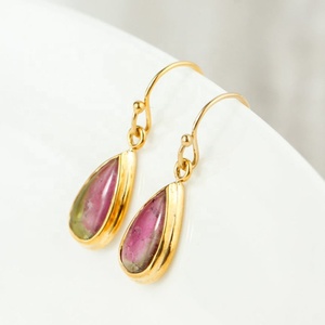 Gold Plated 925 Silver Pear Cut Bi Color Tourmaline Dangle Earrings、Watermelon Tourmaline Earrings - Product Image 2