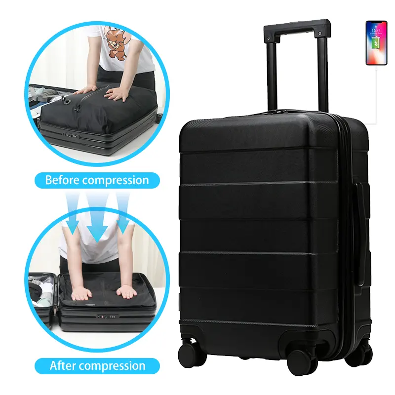 Koper hitam dengan fungsi kompresi vakum, koper hitam dengan kunci TSA, tas traveling 100% PC dengan spinner pengisian USB