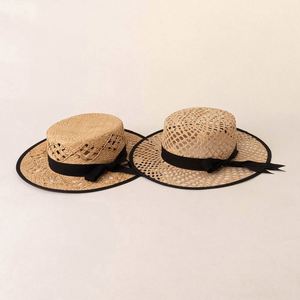 Sombrero de Paja Rafia Hecho a Mano, Estilo Europeo Americano, Primavera-Verano, con Copa Plana, Decoración de Lazo Hueco, Casual - Product Image 2