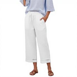 Culottes de Algodón Blancos para Mujer, Cintura Alta con Cordón, Holgados, Largura hasta la Pantorrilla, Casuales de Verano con Detalle Calado - Product Image 2