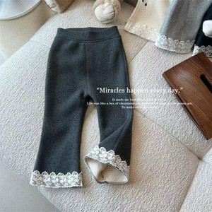 Tongxingyuan Girls Flared <b>Pants</b> Lace Trim Fleece <b>Lined</b> Winter Knitted Cotton Solid Color Long <b>Pants</b> For Children - Product Image 2