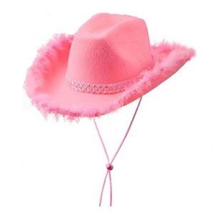 Nouveaux chapeaux de cowgirl roses de style occidental unisexes, chapeau Fedora à bord roulé avec bordure en plumes pour festival, fête, pêche, au design féminin - Product Image 5