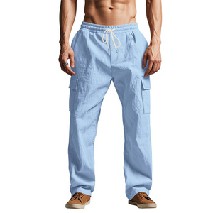 Pantaloni <span class=keywords><strong>Cargo</strong></span> da Uomo 95% <span class=keywords><strong>Lino</strong></span> Multitasche Casual con Coulisse Gamba Dritta Estivi Taglie Forti Abbigliamento Outdoor All'ingrosso - Product Image 4