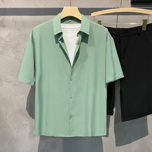Camicia a maniche corte in seta ghiaccio, vestibilità ampia, stile retrò, senza bisogno di stiratura, versione di successo - Product Image 4