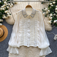 Chemise élégante d'été pour femme, col pointu, manches longues, coupe ample, boutonnée, avec dentelle perlée, pour le bureau