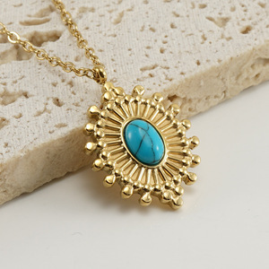 Vintage 18K chapado en oro de acero inoxidable bohemio azul turquesa personalizado textura colgante collar para mujer joyería de moda - Product Image 4