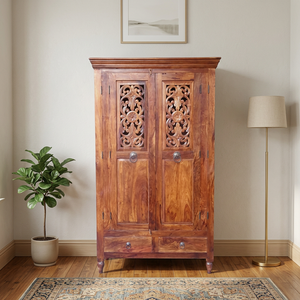 Armoire en bois moderne sculptée à la main avec 2 portes et tiroirs, organisateur de vêtements pour chambre, hôtel, ferme, style indien - Product Image 1