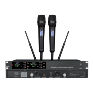 Microphone sans fil portable UHF 640-690 MHz double canal PLL, 100 canaux, écran LCD, portée 60 m, professionnel à condensateur pour conférences, discours et églises - Product Image 1