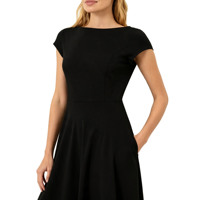 Robe midi élégante pour femme à manches courtes et col bateau, coupe évasée unie avec poches latérales, idéale pour le bureau