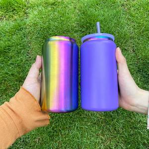 Gobelet isotherme double paroi 16 oz pour boissons chaudes et froides, avec revêtement arc-en-ciel, couvercles en plastique PP et paille - Product Image 3