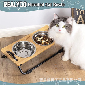 Support en bois pour gamelles de animaux, double station d'alimentation surélevée en acier inoxydable pour chats et chiens - Product Image 4