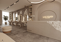 Diseño interior moderno de lujo en beige para salón de belleza, personalización completa de la tienda, equipo de peluquería, conjunto de muebles para salón de belleza