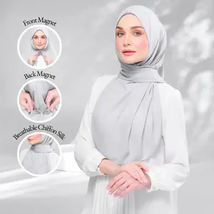 Hot Selling Instant Tag & Go Chiffon Silk Shawl Magnetic Plain Shawl With Sewn in Front & Back Magnets Scarves