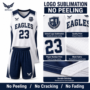 Maglie per Squadre Scolastiche per Bambini, Sublimazione Completa, Blu Navy e Bianco, Stemma Scolastico Personalizzato, Logo, Nome e Numero Inclusi, 100% Poliestere, Asciugatura Rapida - Product Image 3