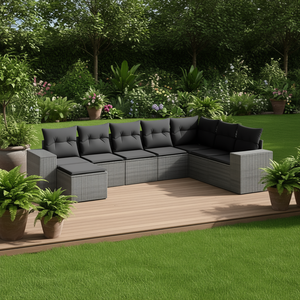 ชุดโซฟาสวนแบบโมดูลาร์ สีเทา โพลีราตัน โครงเหล็ก เฟอร์นิเจอร์กลางแจ้ง ดีไซน์ร่วมสมัย 6 ที่นั่ง - Product Image 2