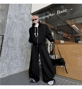 Qiuting 2025 High Street Personality Drawstring Adornment Hoodie Wide Leg <strong>Pantsuit</strong> <strong>Men</strong> New Casual Sports Two Piece Set - Product Image 4