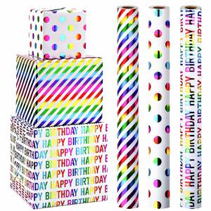 Happy Birthday Gift <b>Wrapping</b> <b>Paper</b> Roll Rainbow Stripes Polka Dots Eco-Friendly Metallized Double Side for Packaging Craft - Product Image 1