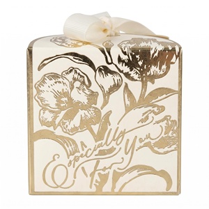 Ivory Square Rigid Gift Box with Gold Foil Floral Design and <b>Ribbon</b> Handle for Craft Packaging - Product Image 1
