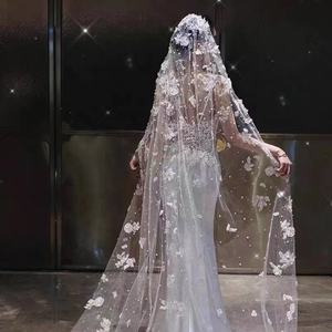 Nouveau voile français en dentelle de fleur d'ananas, luxe Flash perceuse Extra longue queue voile doux de mariée Super fée blanc <span class=keywords><strong>Vintage</strong></span> perle voile - Product Image 2