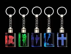 Cheap Wholesale Crystal 3D Laser Engraved Led Keychains Rectangle Custom Crystal Glass Key Chains For Business Gift