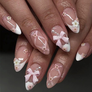 Cross-Border Venta caliente usable blanco francés Rosa Bowknot flor perla estilo dulce uñas postizas puntas de uñas - Product Image 2