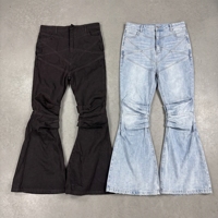 Jean évasé taille haute pour homme avec empiècements chevron et plis à la hanche, coupe cloche, en denim, style streetwear, fabrication OEM/ODM pour marque privée