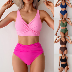 Conjunto de bikini para mujer, traje de baño de dos piezas con cintura alta y cuello en V profundo para nadar y practicar deportes acuáticos - Product Image 1